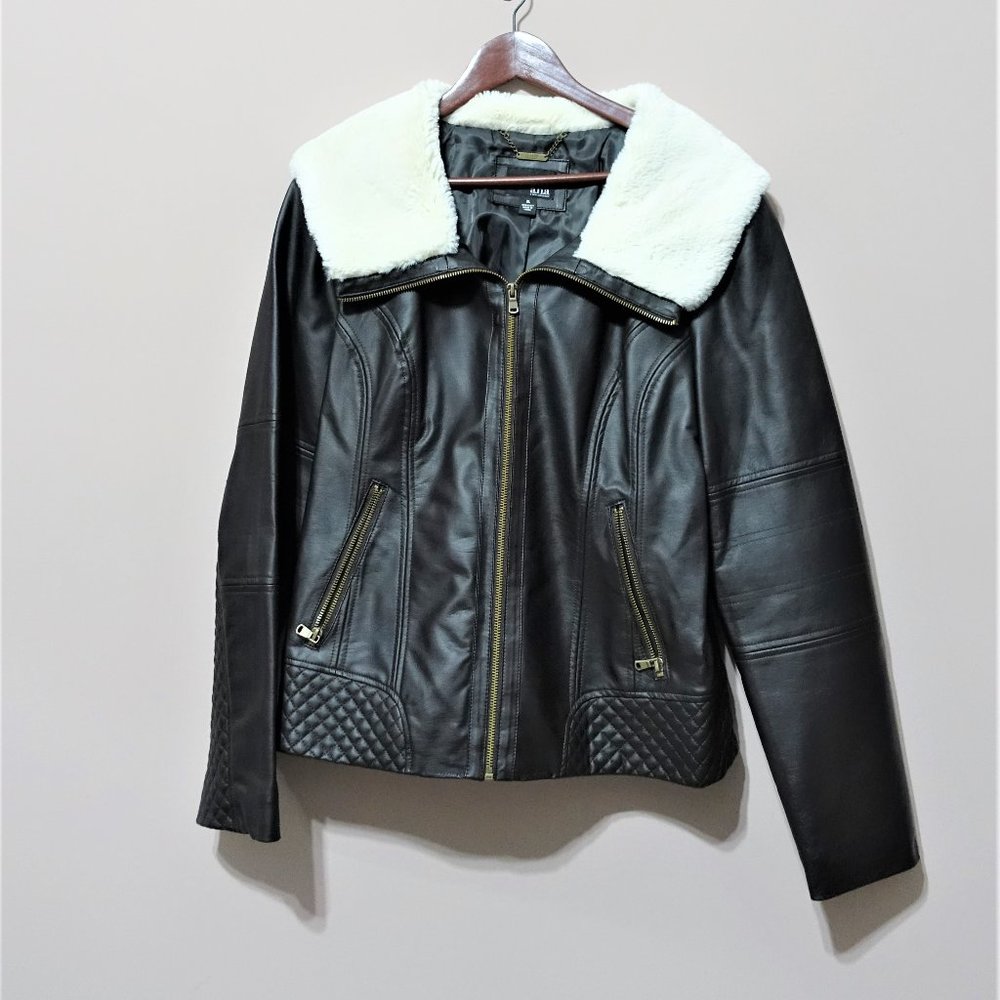 Leather Faux Fur Brown Collar Jacket for Women Girls Winter Fall Full Zipper XL